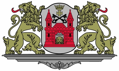 Rīgas valstspilsētas pašvaldības ģerbonis ar vairoga turētājiem